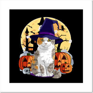 Scottish Fold Cat Funny Halloween Witch Pumpkin Posters and Art